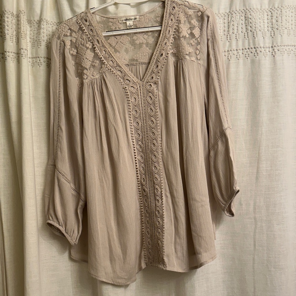 JohnPaulRichard Beige Crochet-Trim Boho Tunic